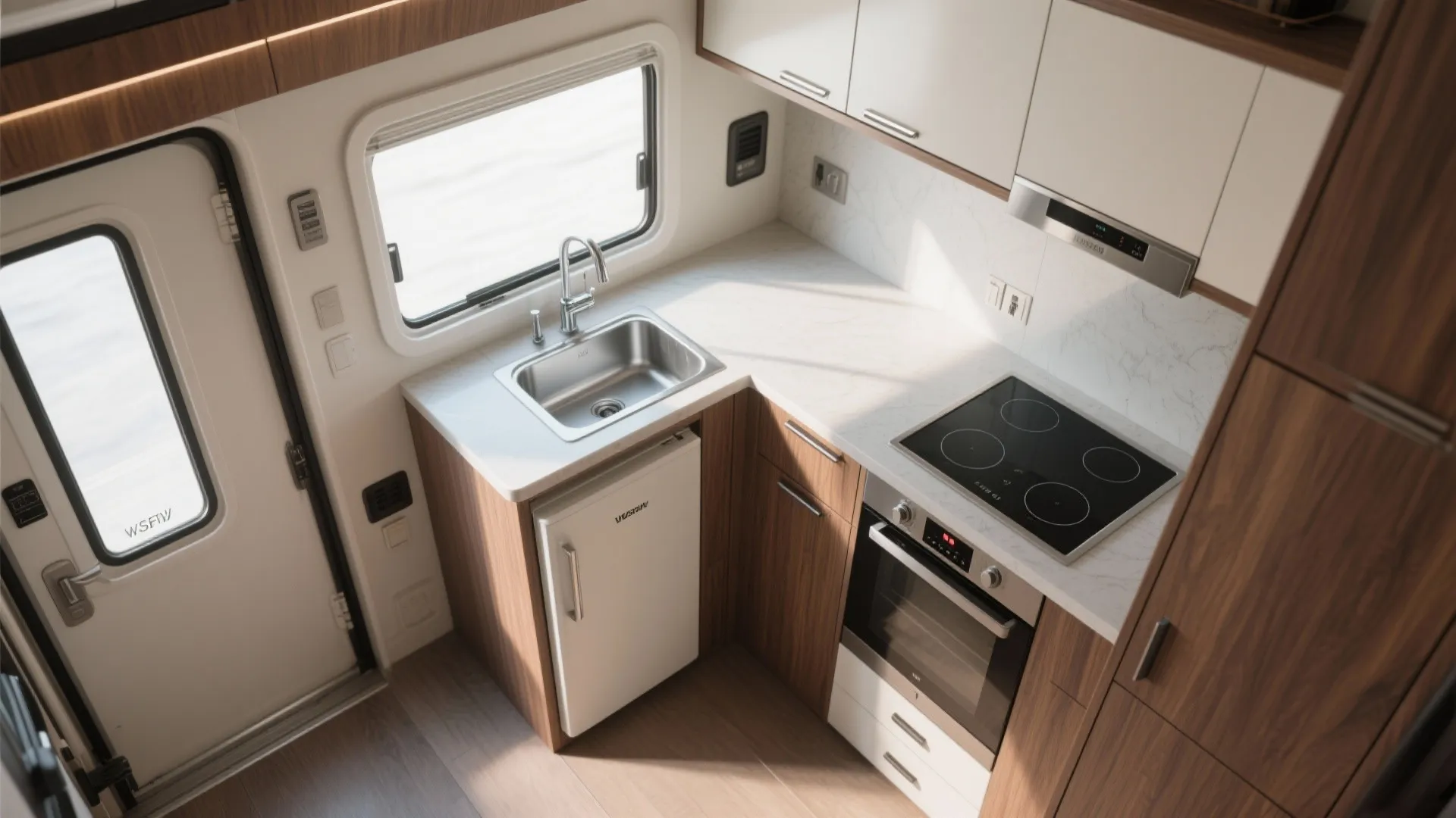 Top down interior design drawing of a small L shaped kitchen with sink stove and oven