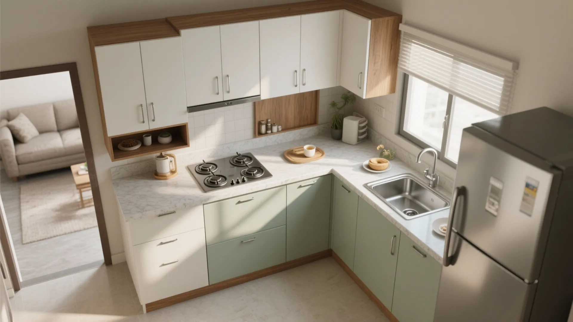 L-shaped small kitchen with a classic work triangle