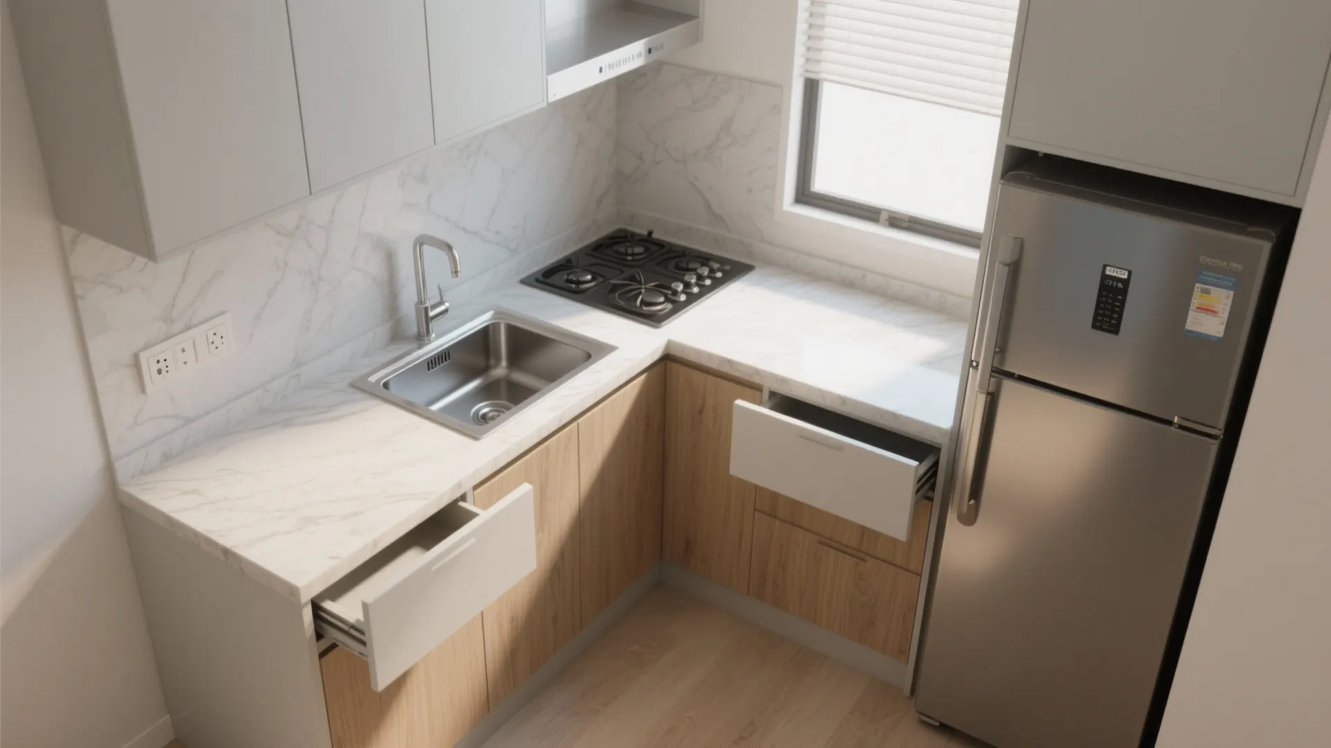 L-Shaped Micro Kitchen that Frees Counter Space