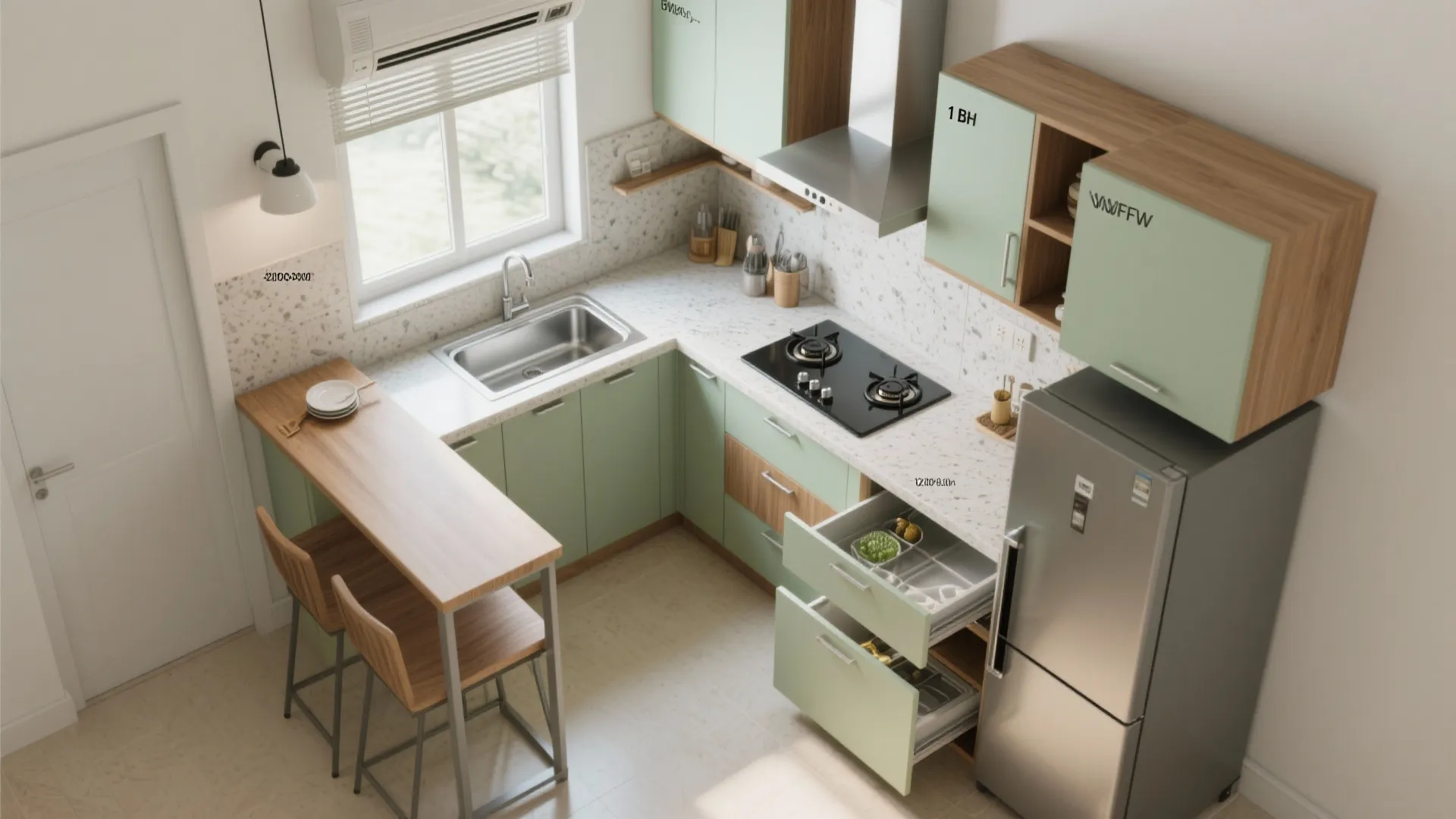 L-Shaped Small Kitchen With a Fold-Down Breakfast Bar