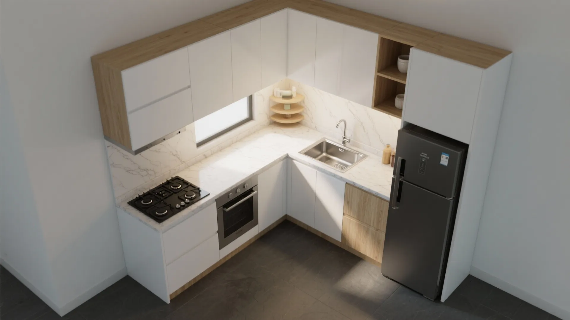 L-shaped kitchen layout to free counter space