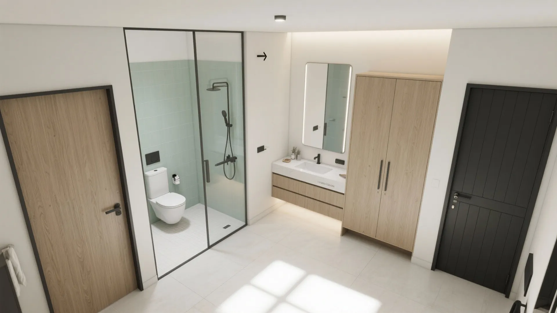 2) L-shaped movement that frees the vanity and the wardrobe