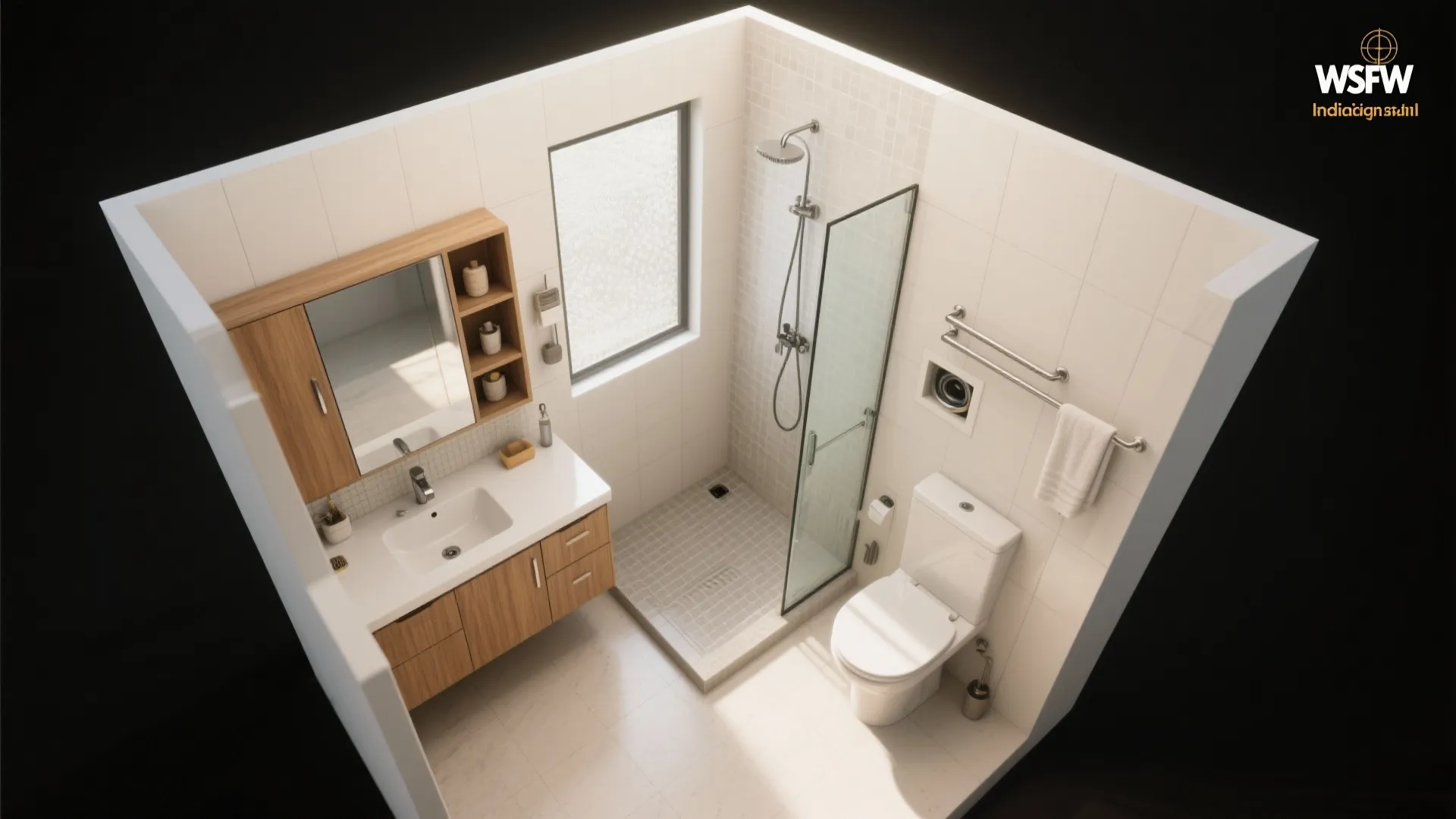 L-shaped layout for vanity and shower