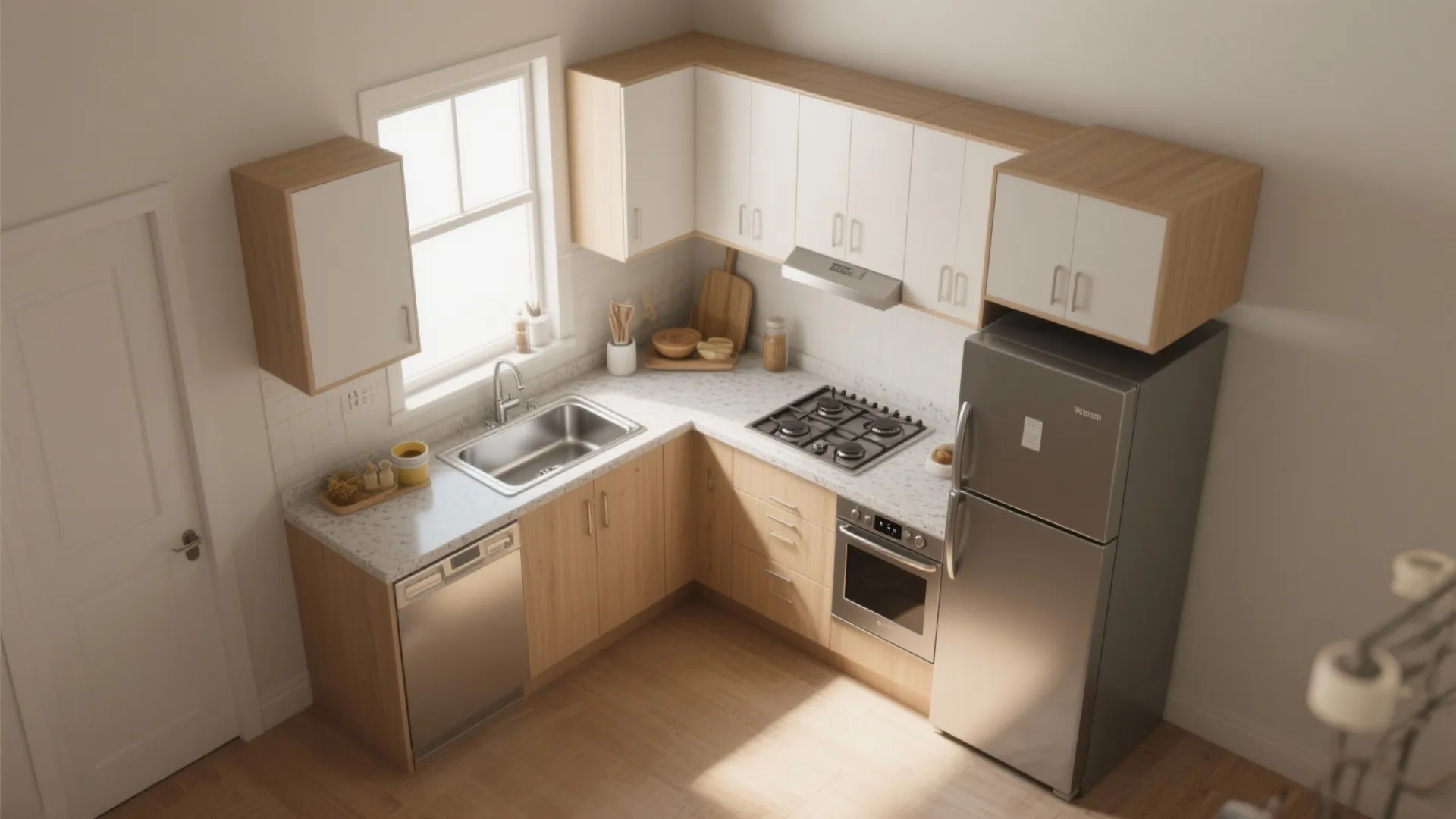 L-shaped small kitchen layout for flow