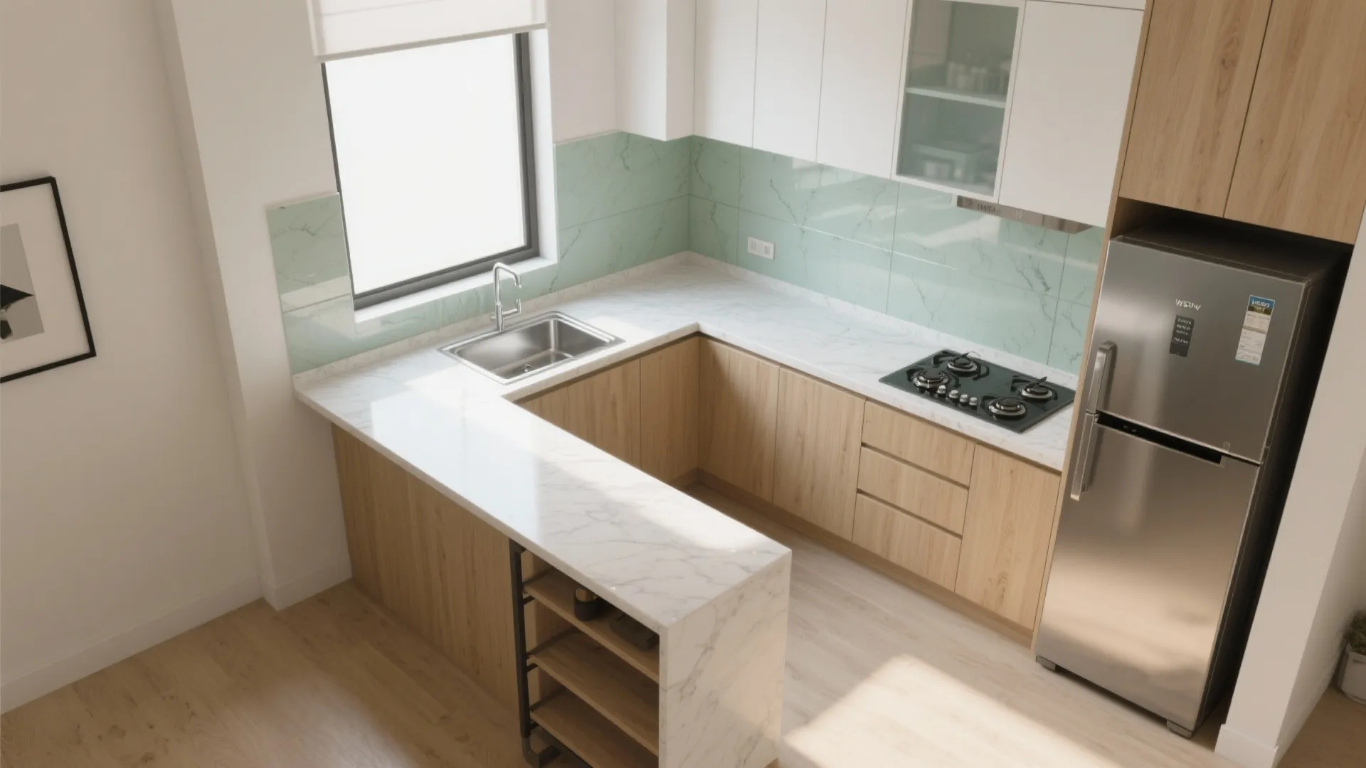 L-shaped layout that frees more counter space