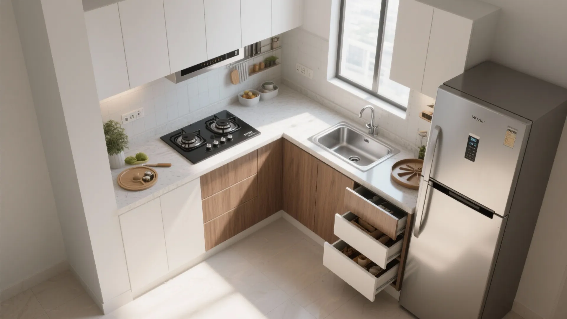 Smart corners: an L-shaped layout for small kitchens