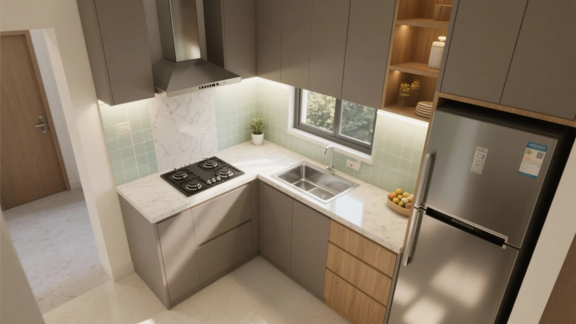 Top view of small kitchen layout with grey cabinets wood accents sink and gas stove
