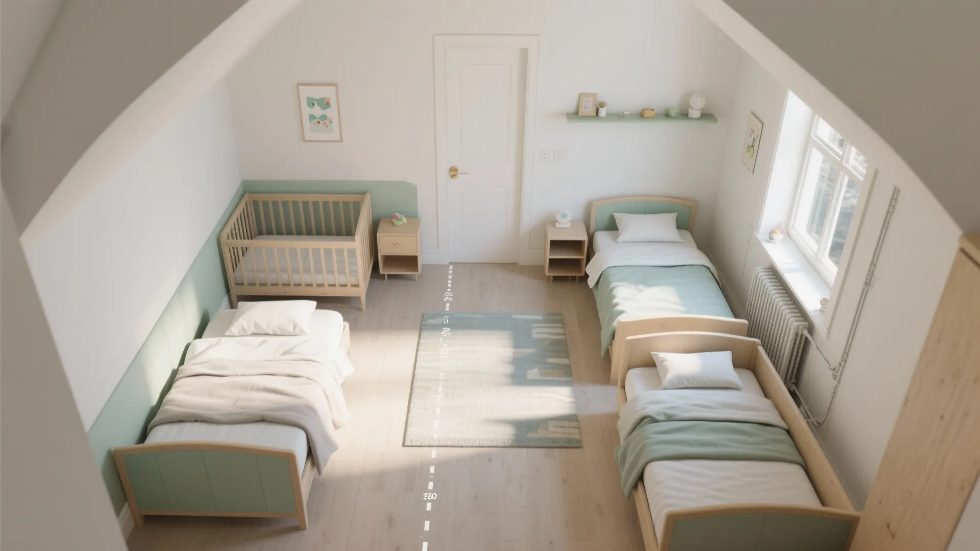 Top view of a children bedroom with multiple beds wooden crib rug and light green walls