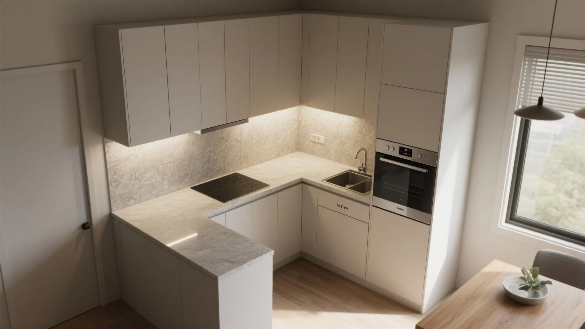 L-Shaped Micro-Kitchen with Continuous Lines