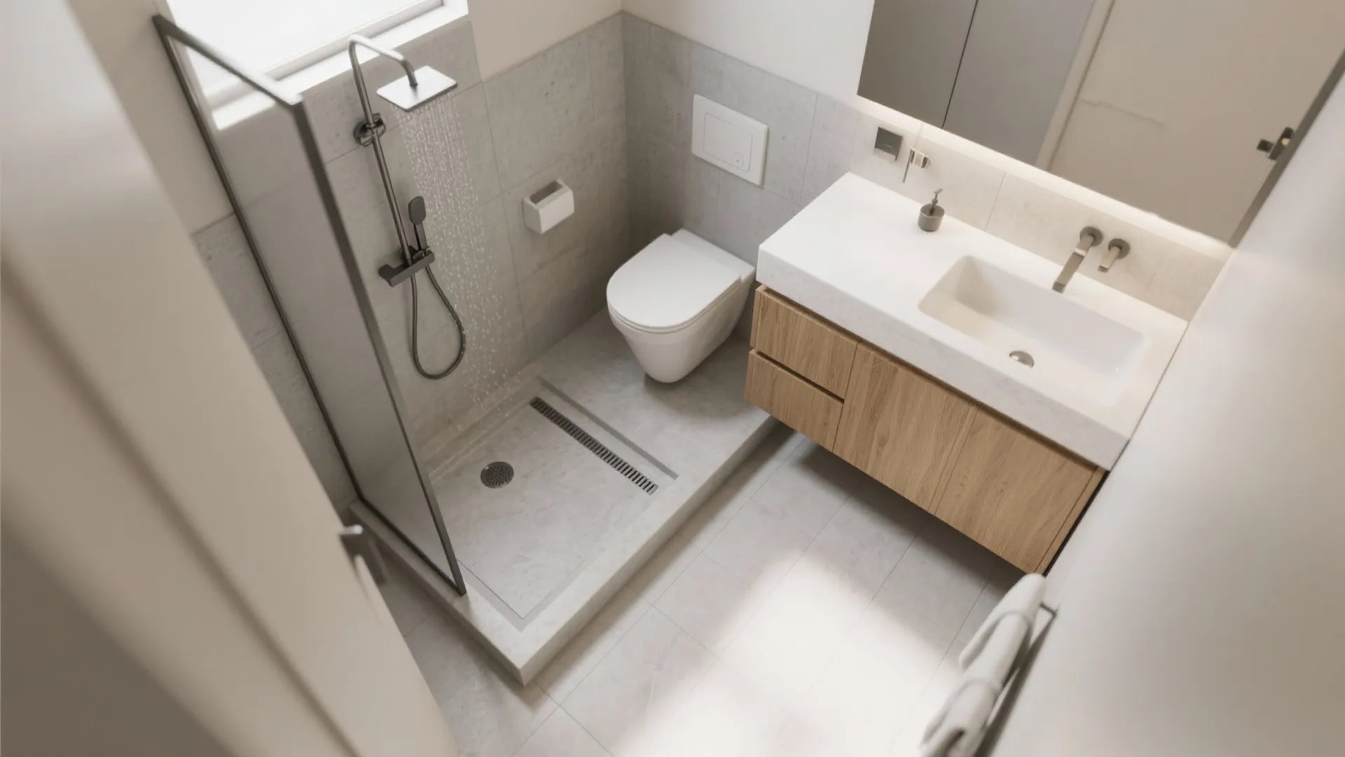 L-Shaped Wet-Dry Split in a Tiny Bathroom Box