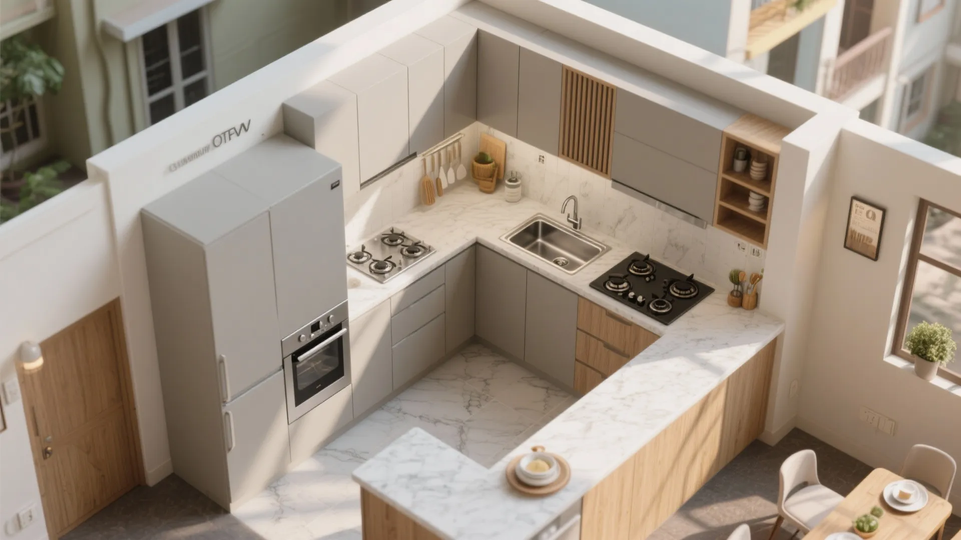 L-shaped small kitchen layout for 3 BHK row houses