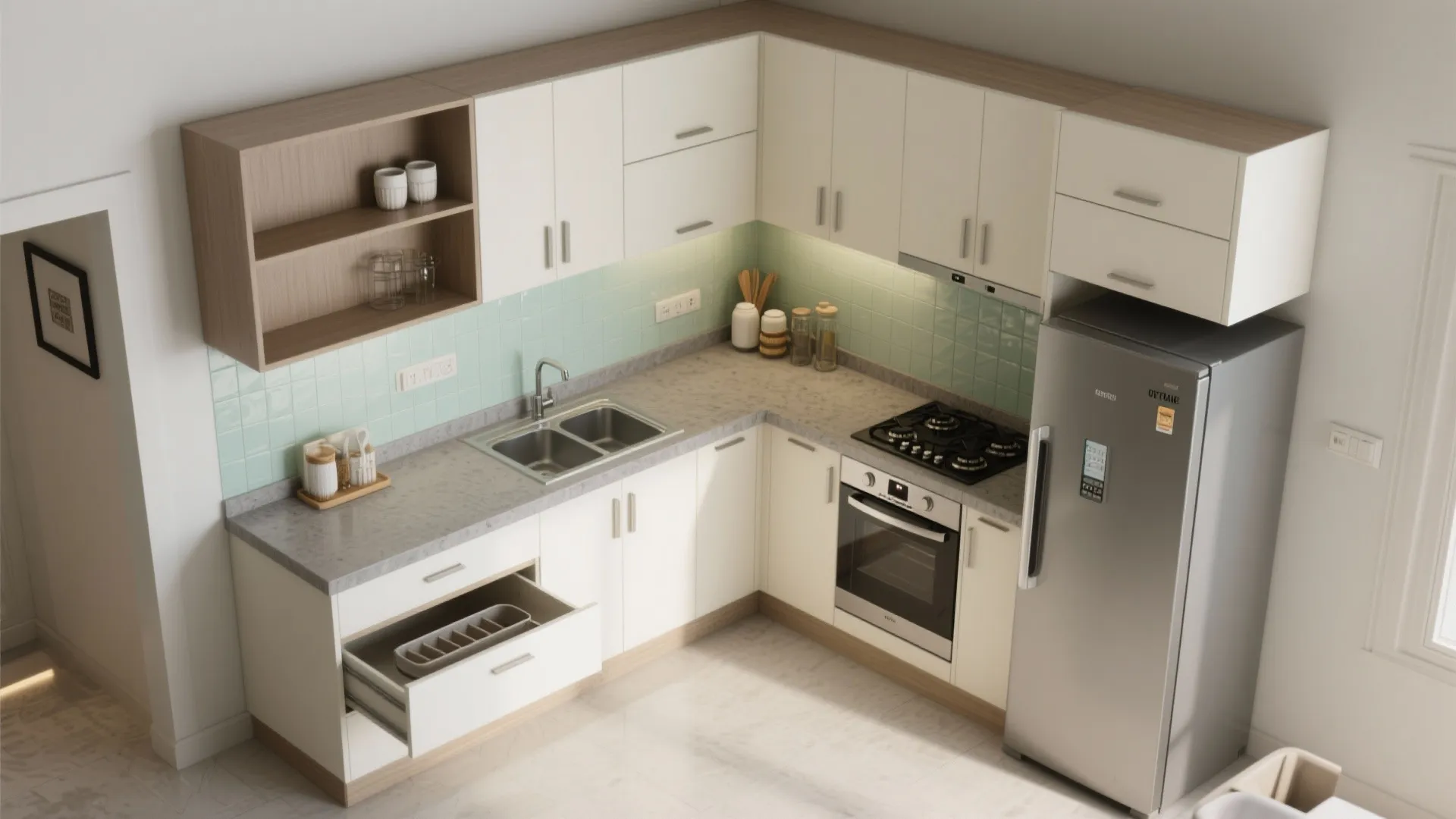 L-shaped kitchen planning for compact 2 BHKs