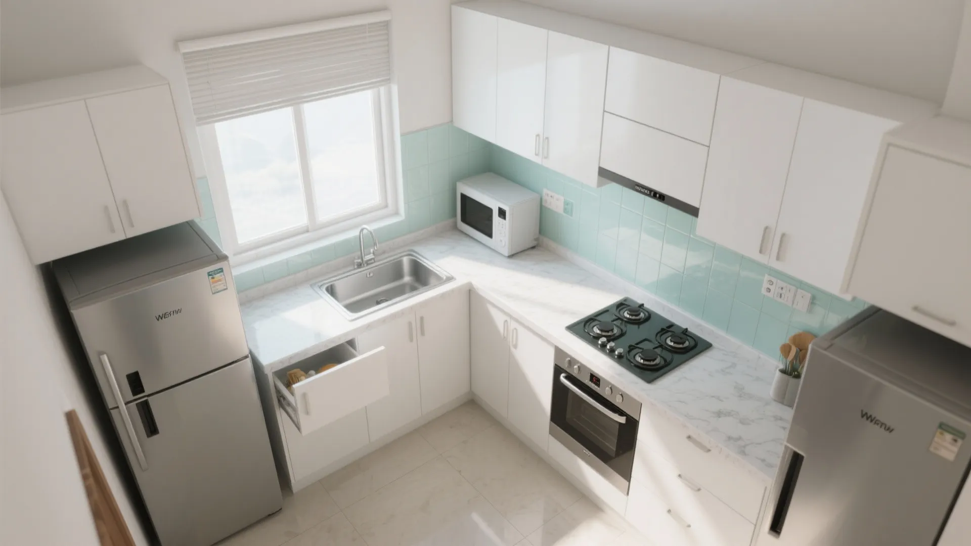 An L-shaped small kitchen that frees counters