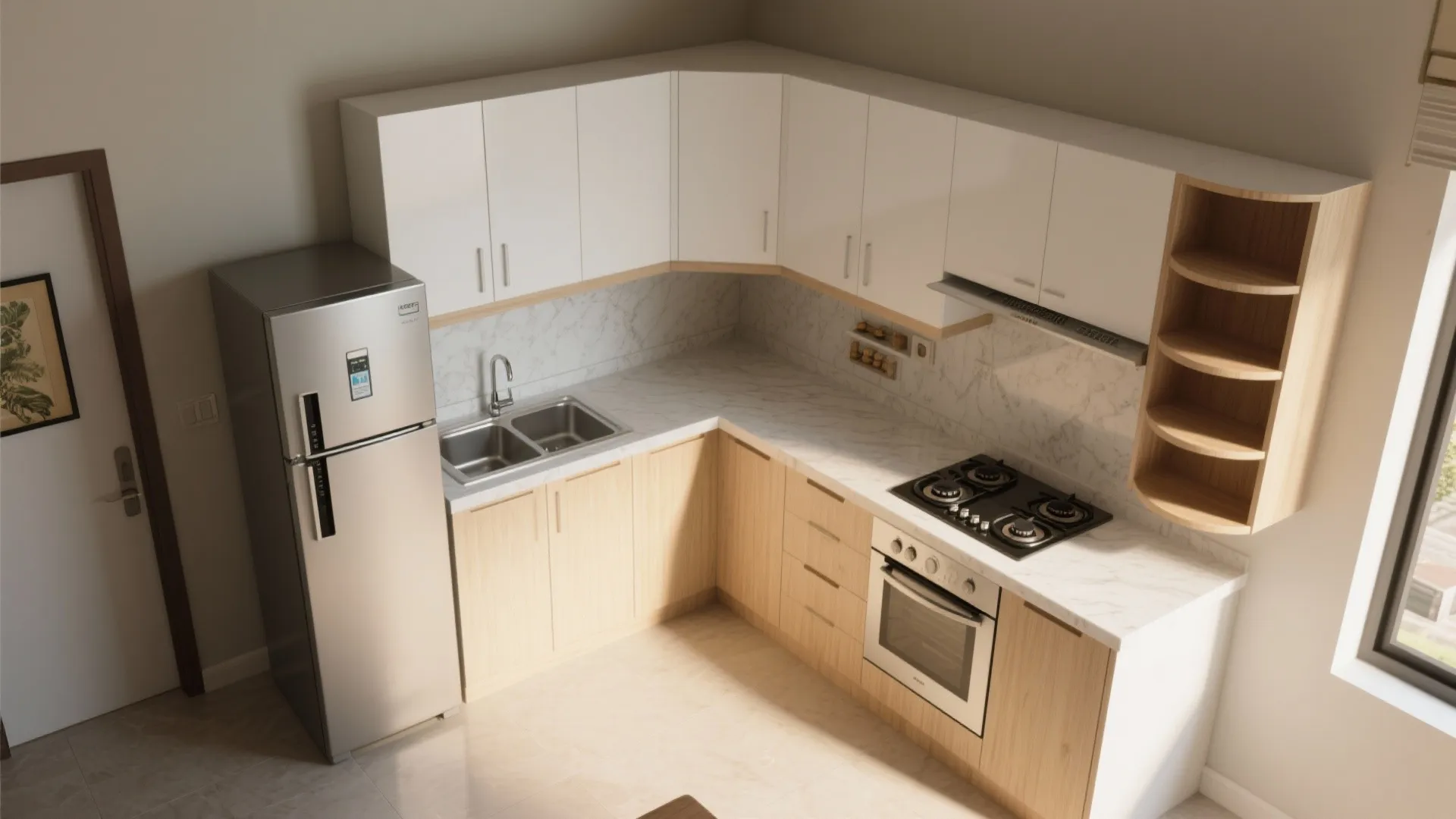 L-shaped kitchen layout to free up counter space