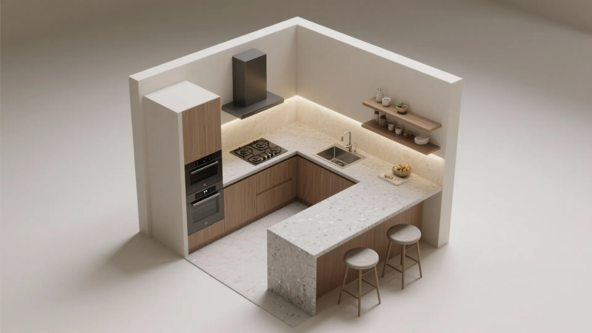 Modern U-shaped kitchen interior design drawing with wood cabinets white marble counters and grey stools