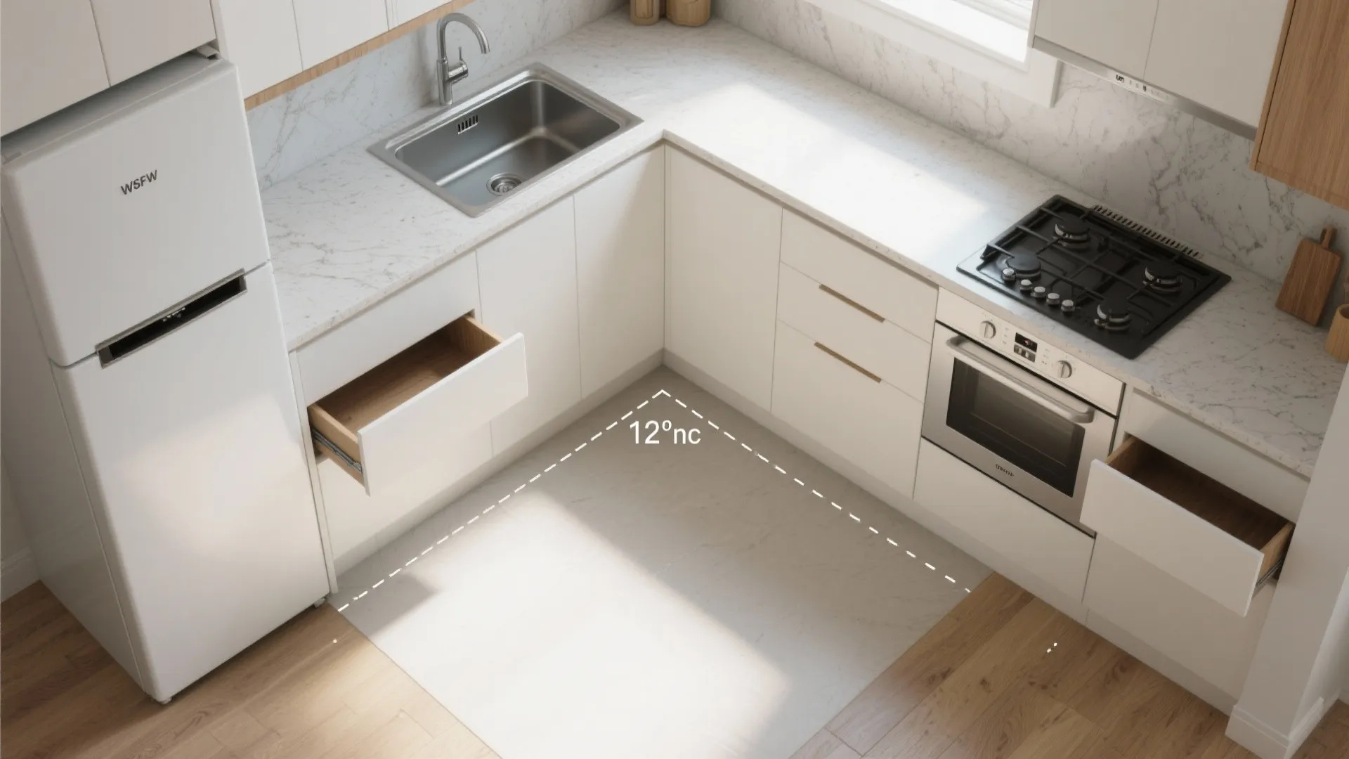Modern white kitchen layout with white fridge sink oven gas stove marble countertop and open drawers