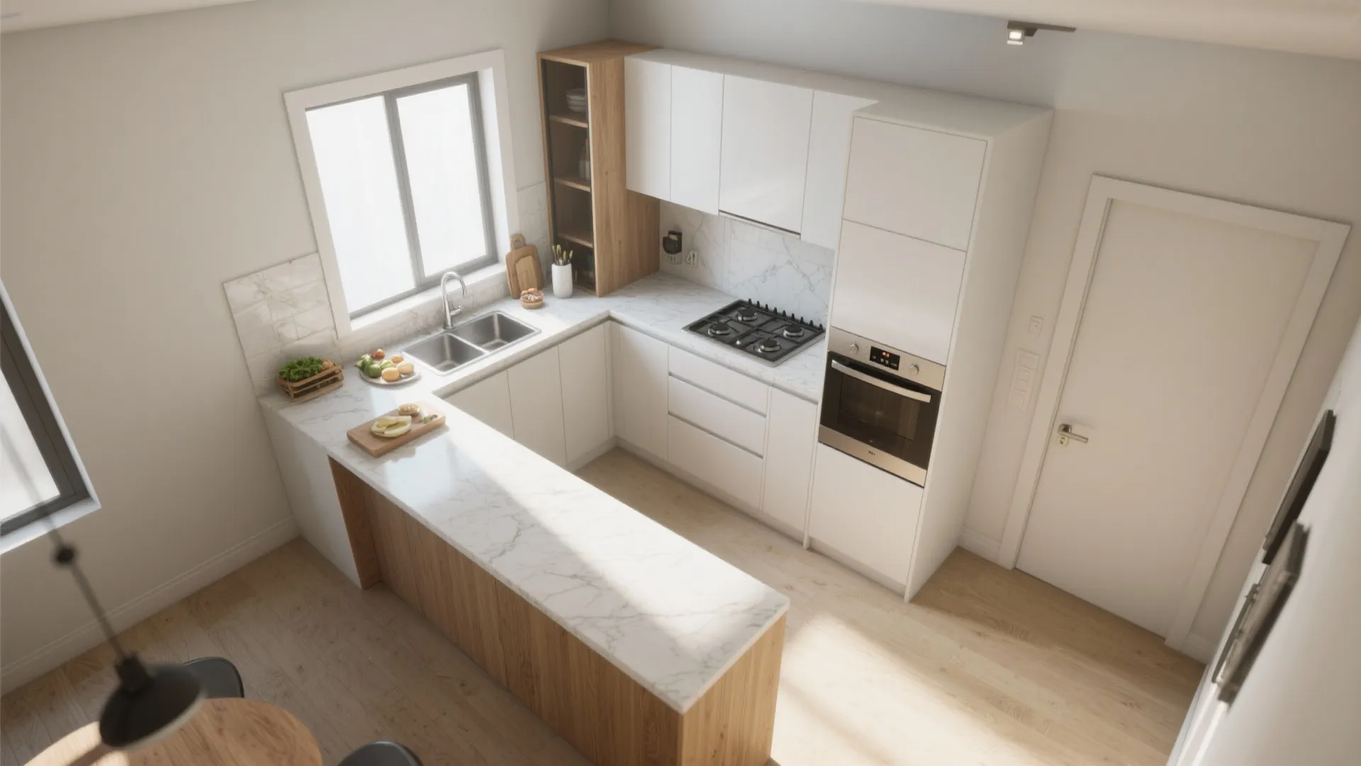 Top down view of small white kitchen layout with marble countertop wood cabinets and gas stove