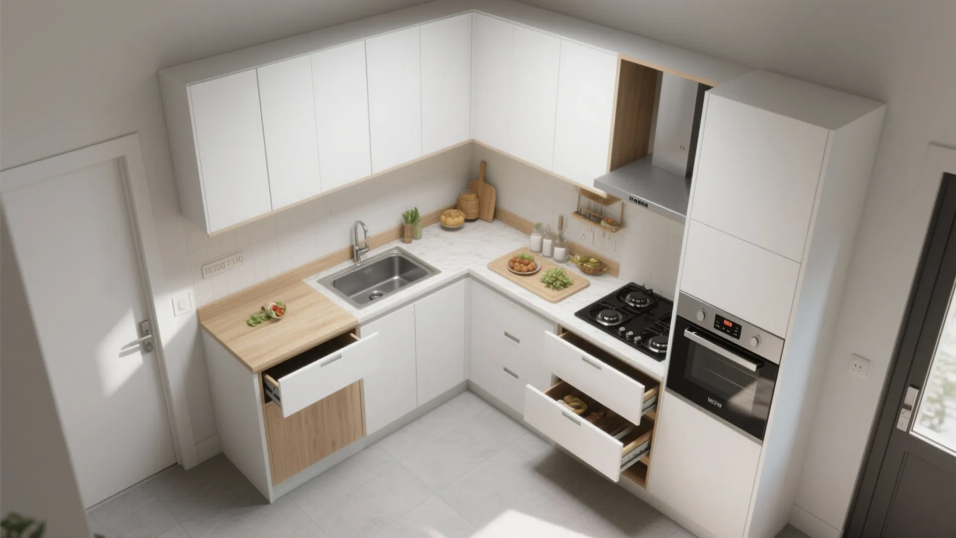 L-shaped micro-kitchen layout that respects circulation