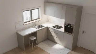 Modern L-Shaped Kitchen with Marble Accents