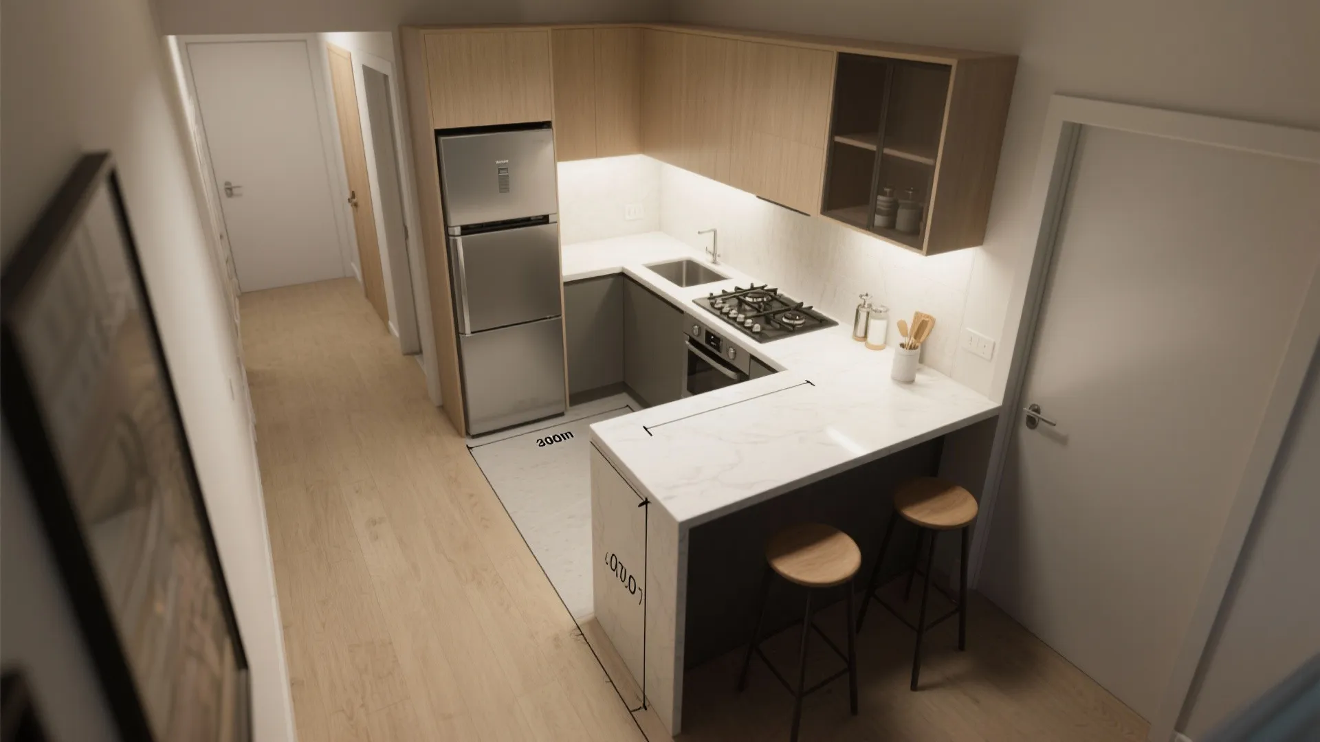 Modern kitchen with wood cabinets grey fridge white counter stools and clear floor plan measurements shown