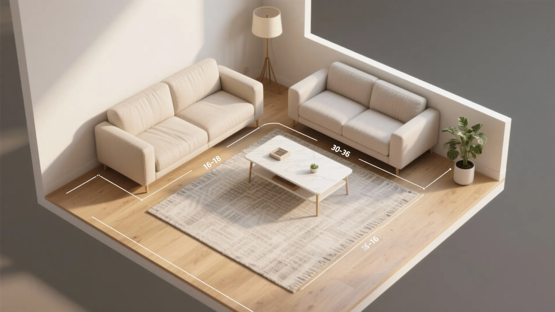 Interior design drawing showing top view of living room furniture layout with sofas and measurements