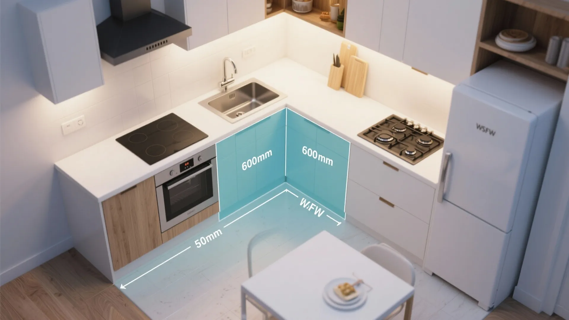 L-shaped layout for more counter space