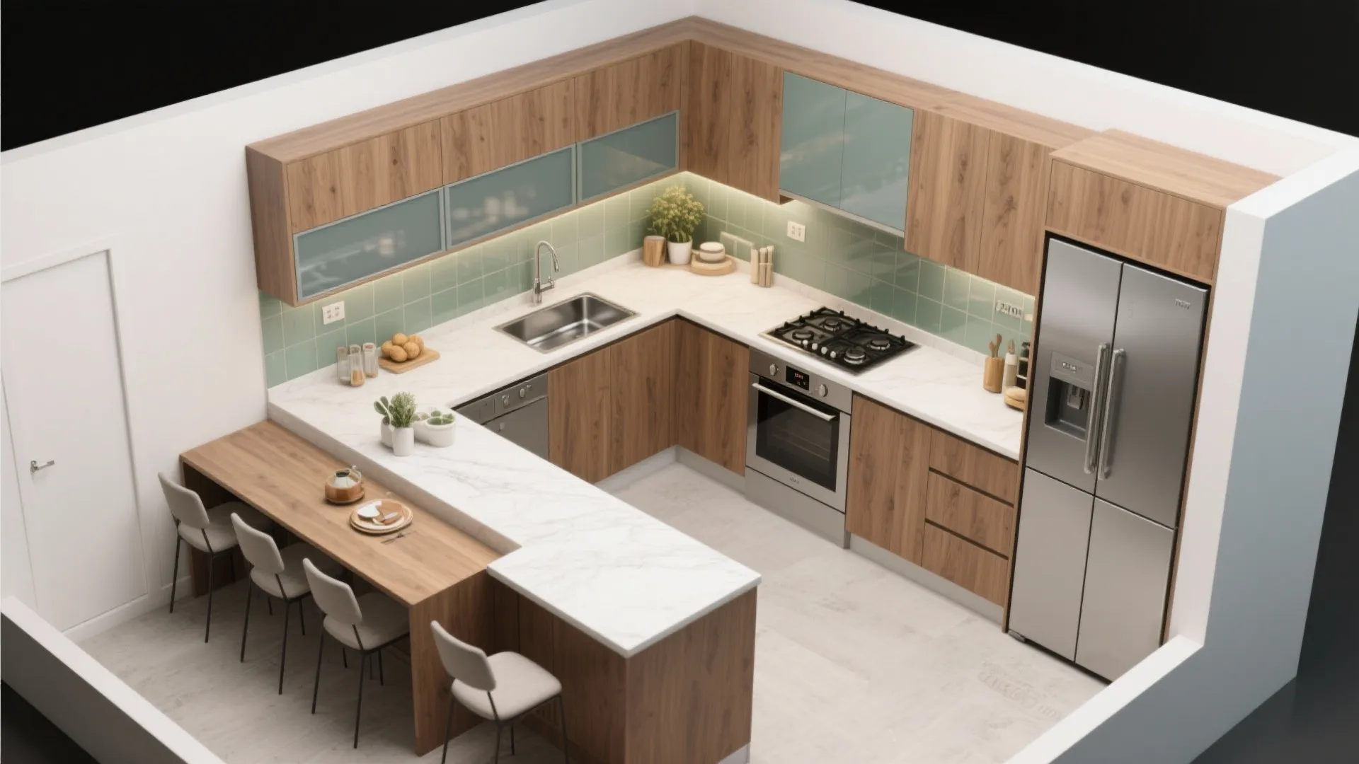 L-shaped layout for efficient workflows