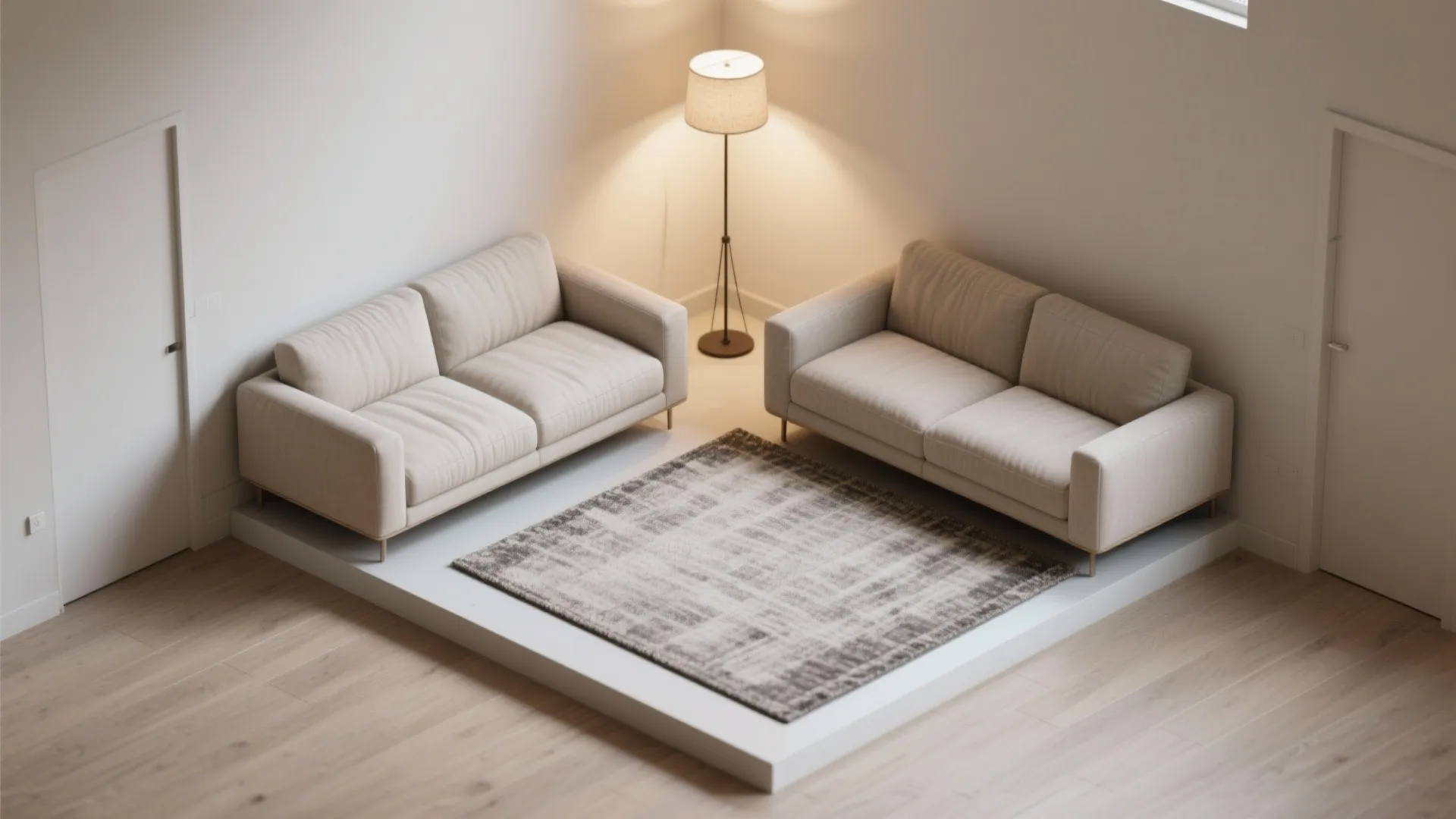 2) Floating L-Shape: Two Sofas at 90 Degrees