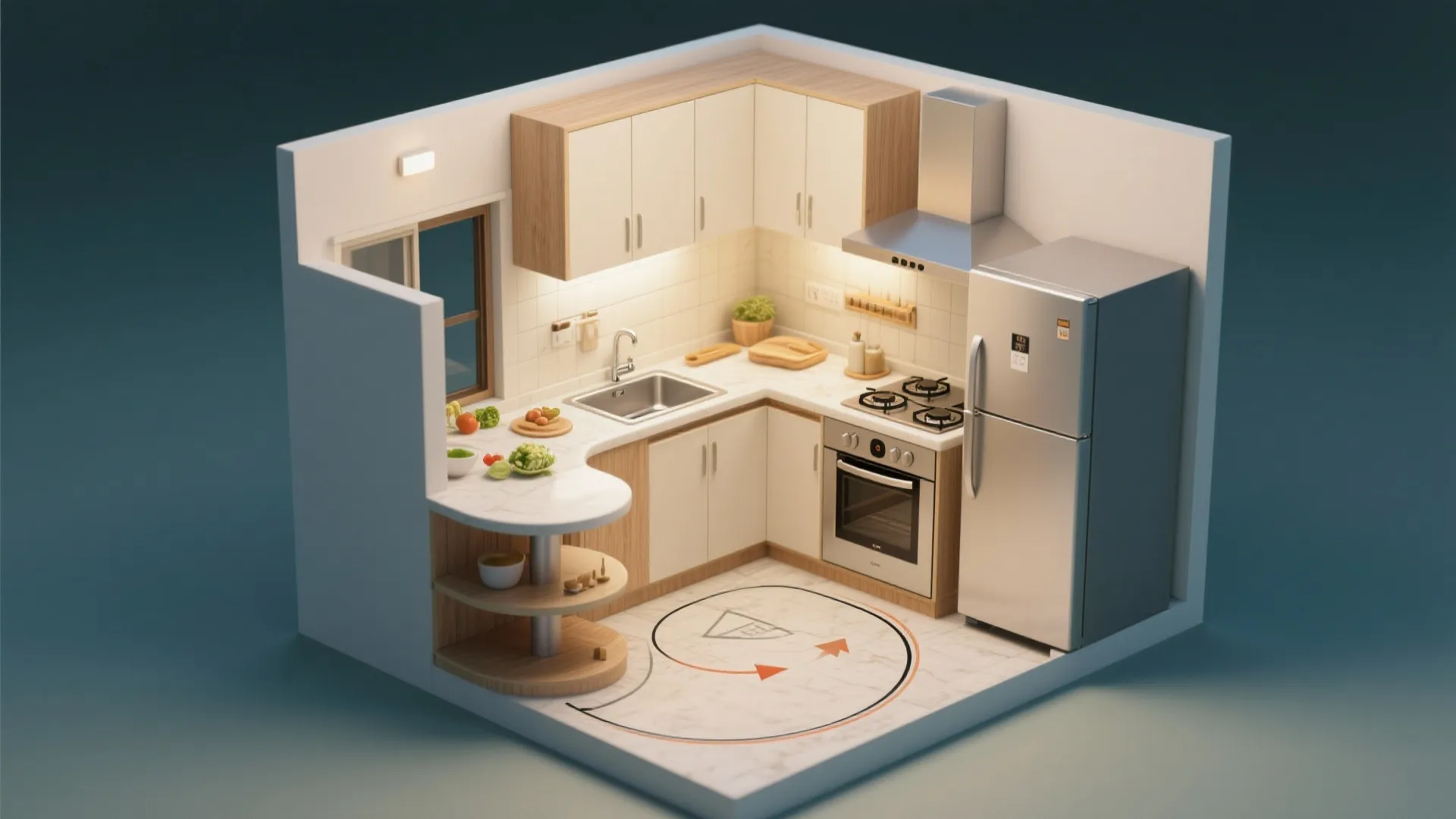 Top-down L-shaped kitchen plan highlighting a compact work triangle and corner carousel.