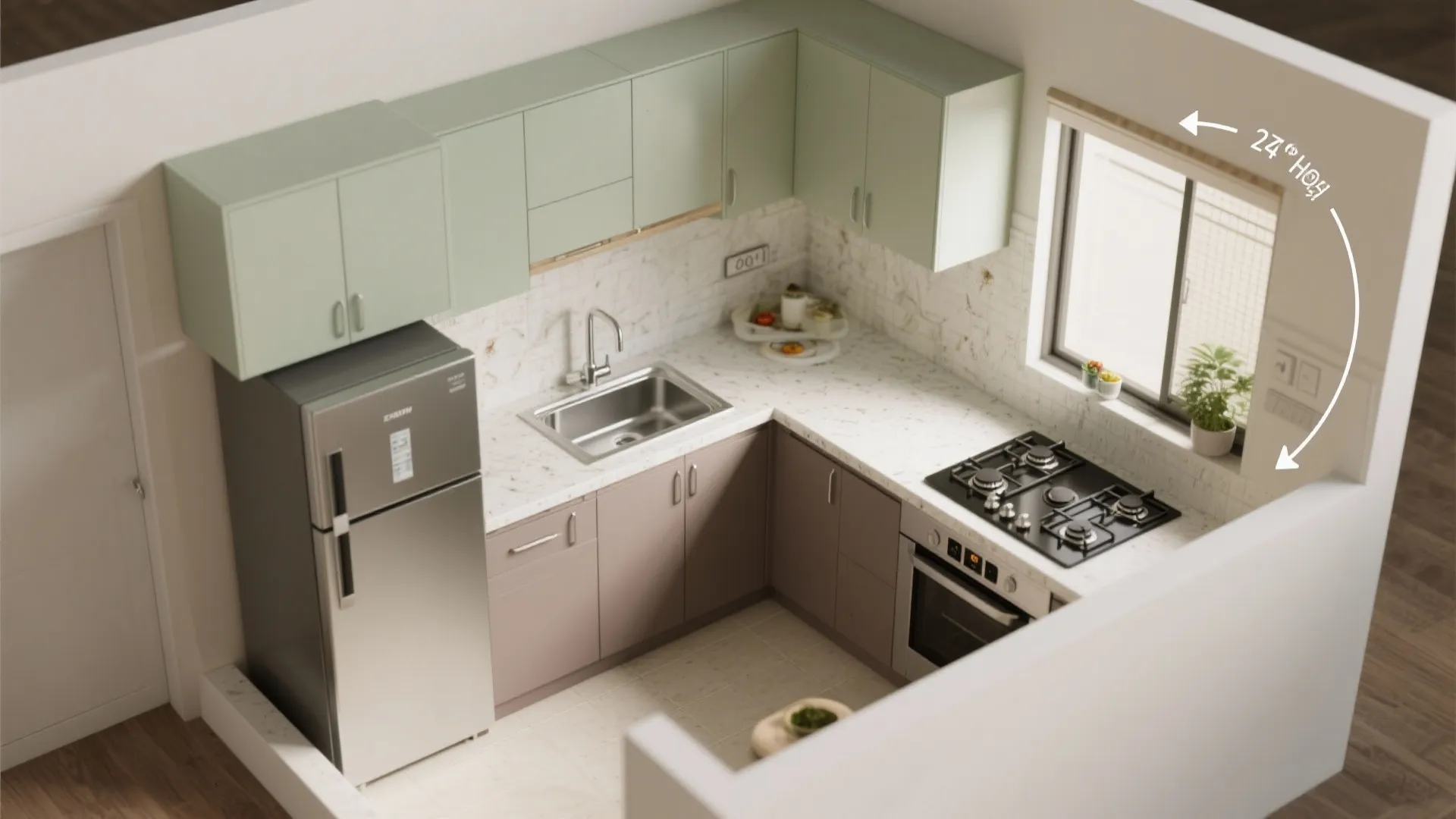 L-shaped layout to unlock counter space