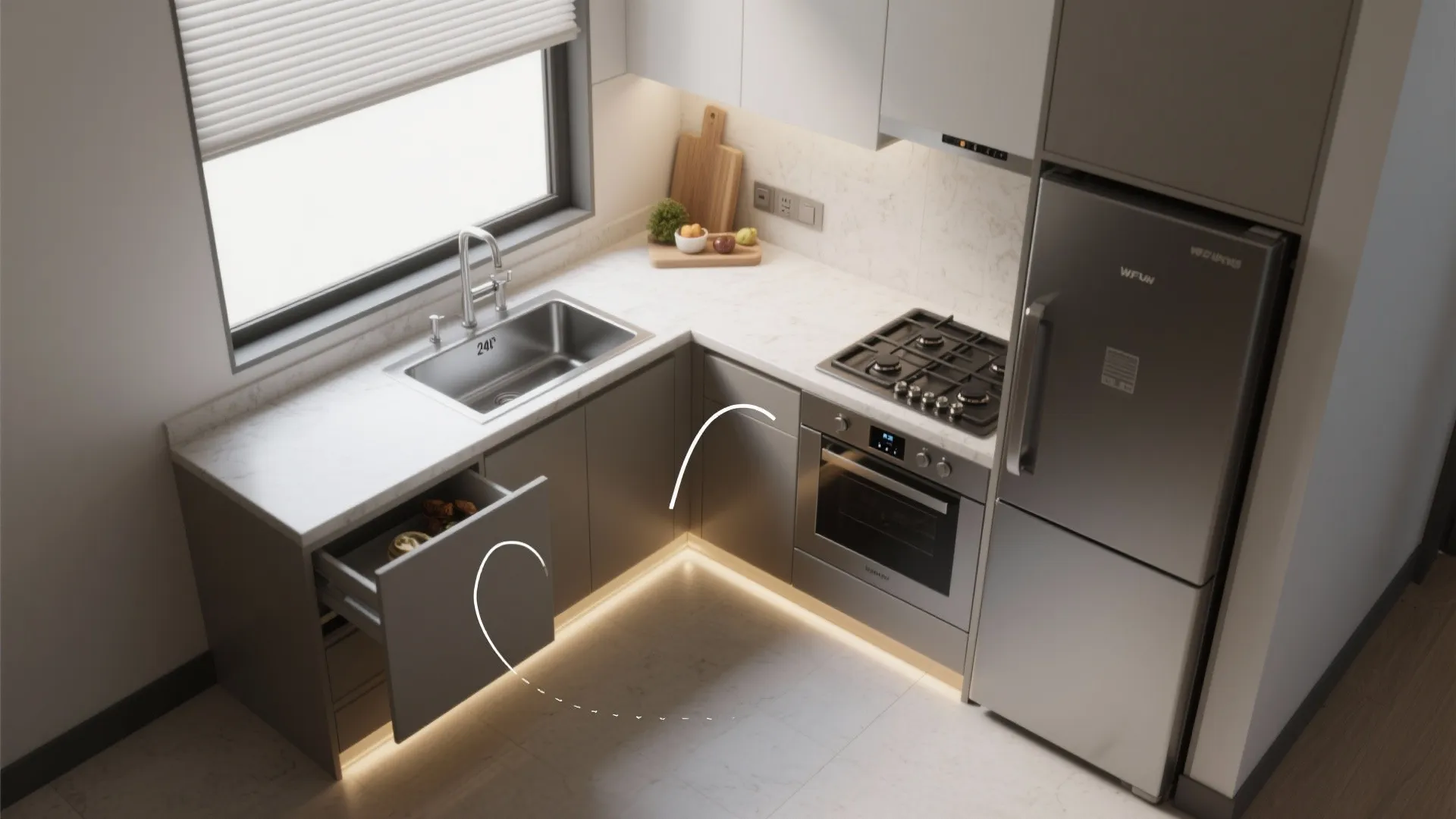 L-Shaped Small Kitchen Layout for Suite-Style Flow