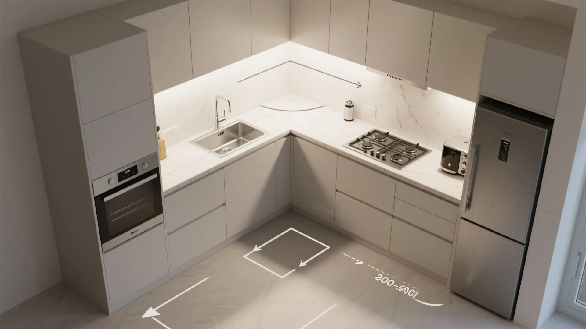 L-shaped layout that frees up usable countertop