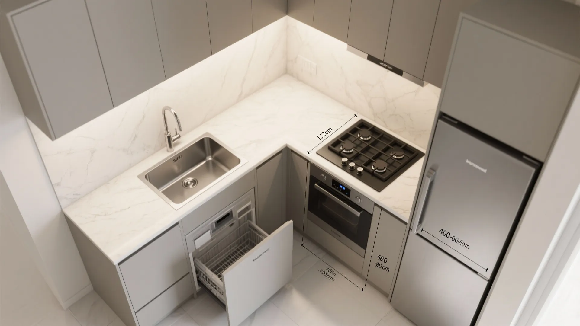 Compact L-shaped layout that frees counter space