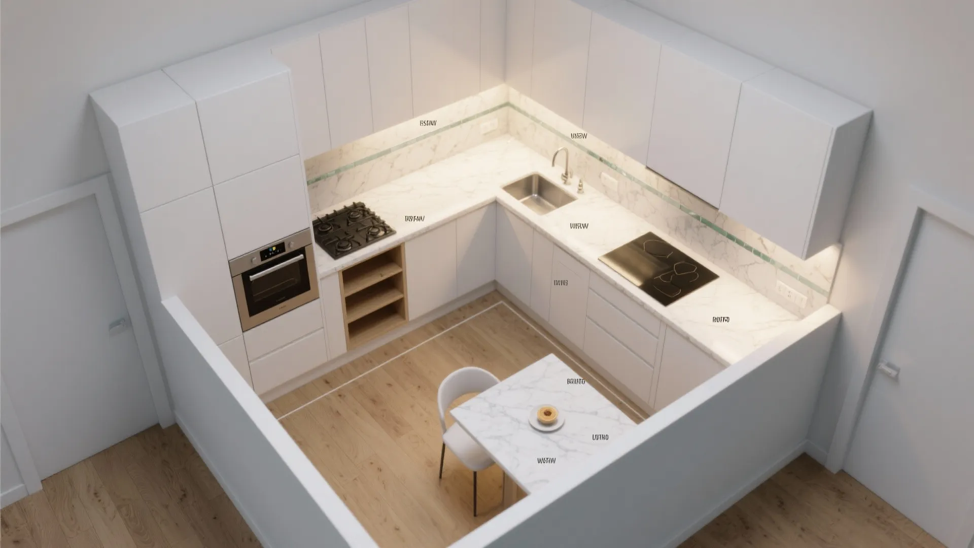 Top-down view of a small L-shaped kitchen showing workflow and corner storage.