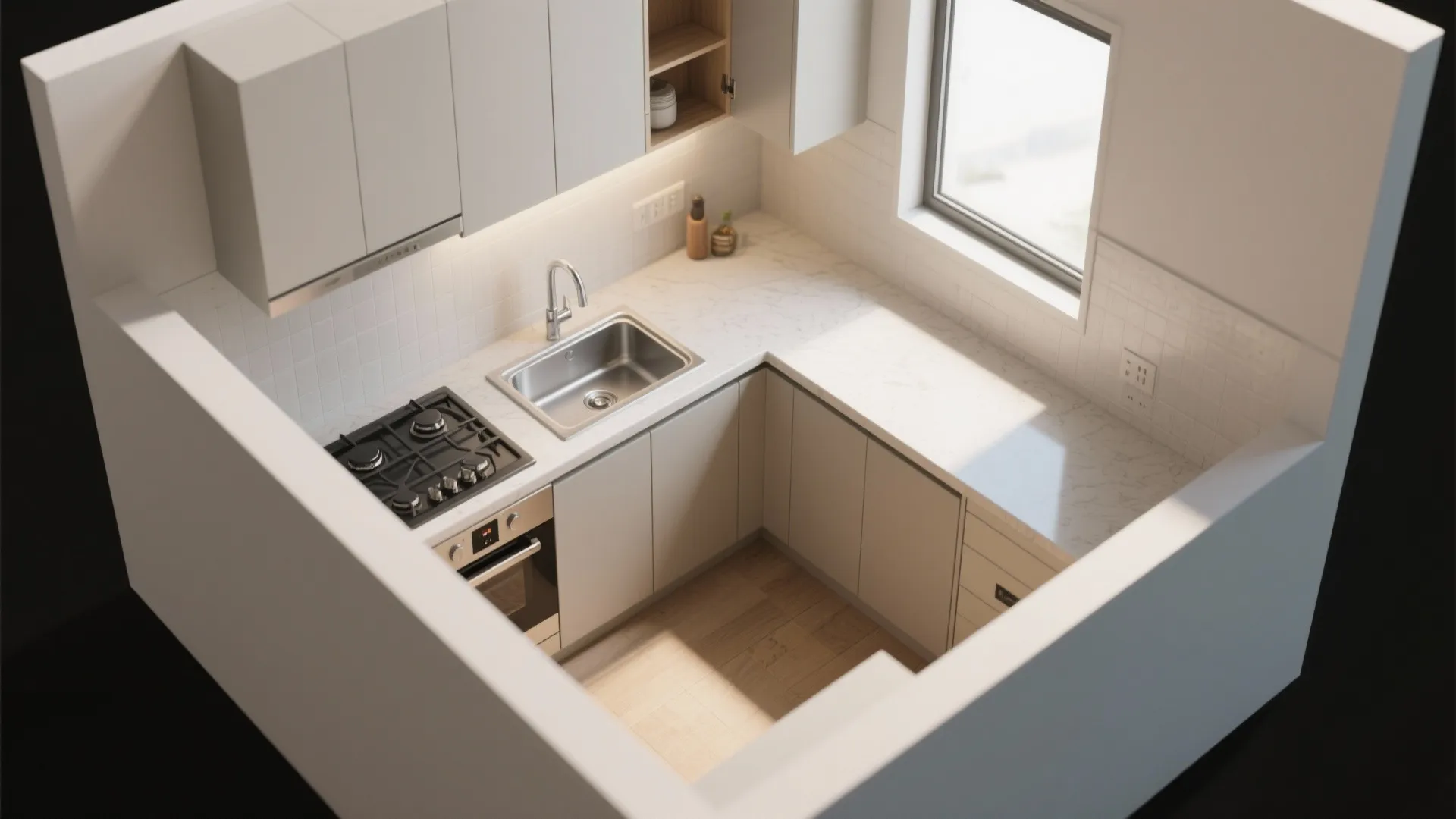 Small kitchen room layout showing u-shaped white cabinets with stove sink and light wood flooring