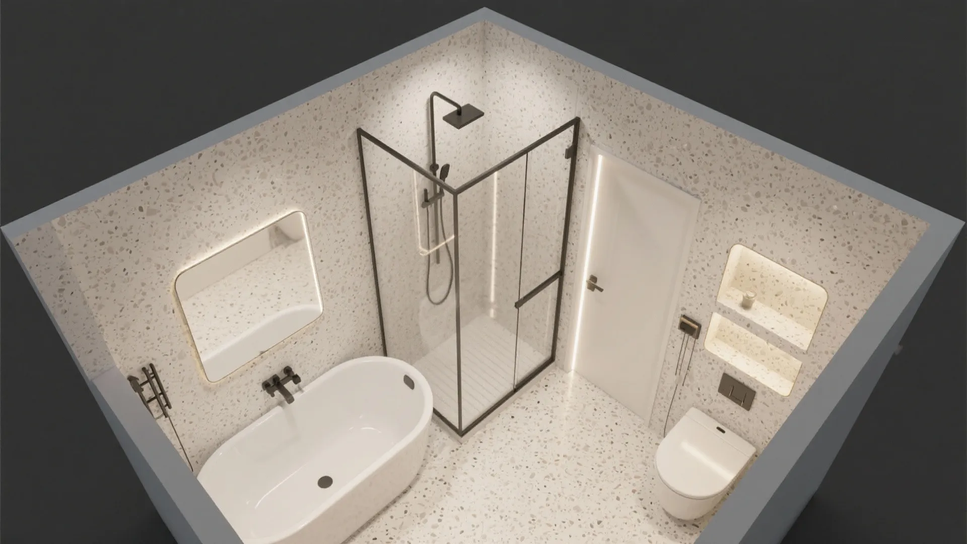 3) L-shaped layout with corner tub and skylight effect