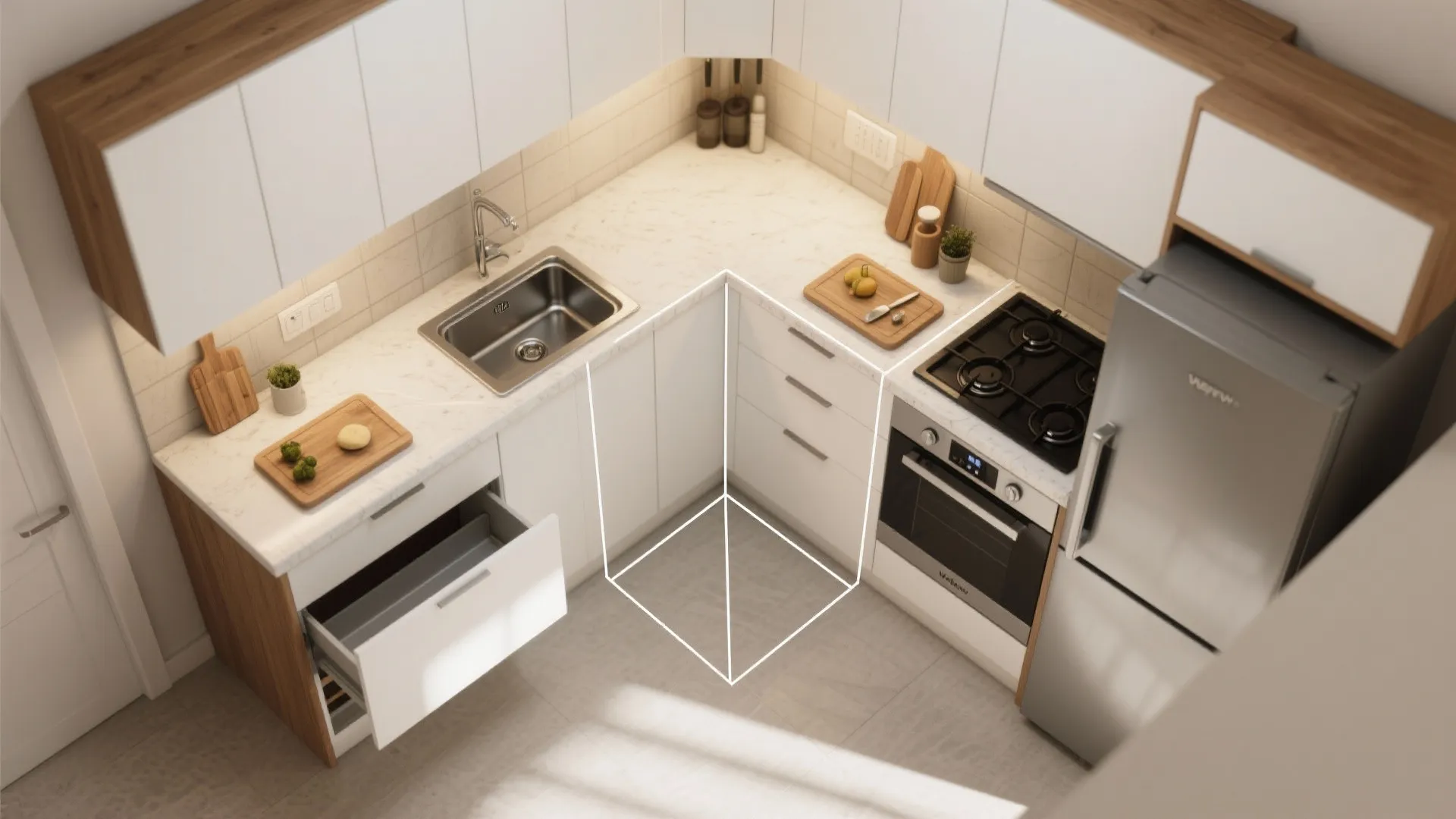 L-shaped layout to open more counter runs