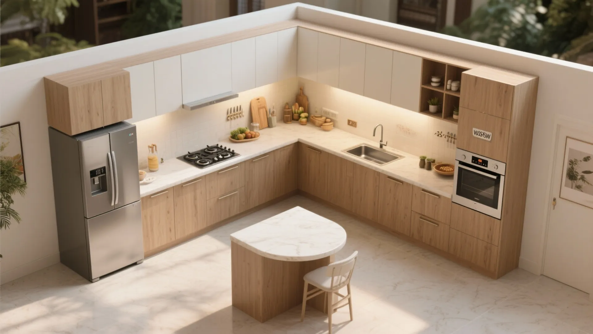 L-shaped kitchen layout to free more counter space