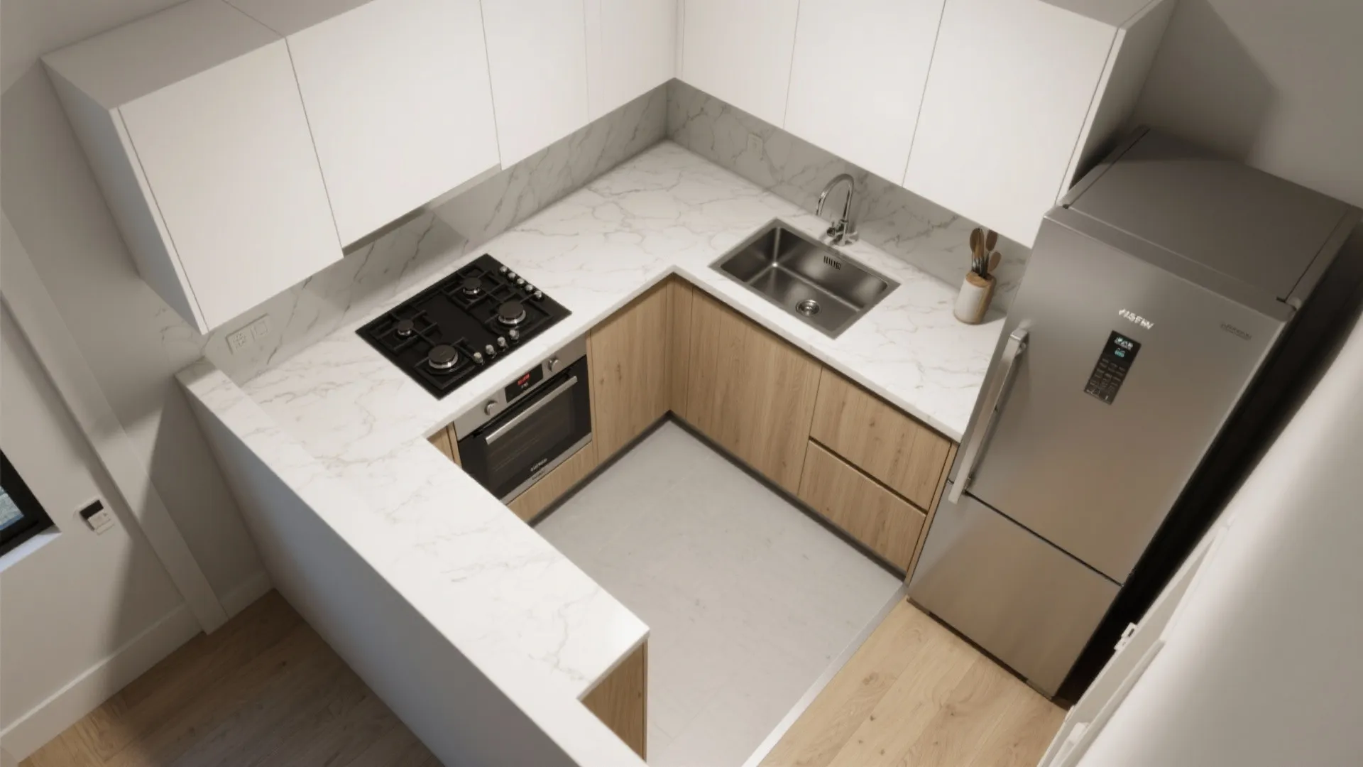 Small kitchen top view showing white wall cabinets wooden base cabinets marble countertop and silver fridge