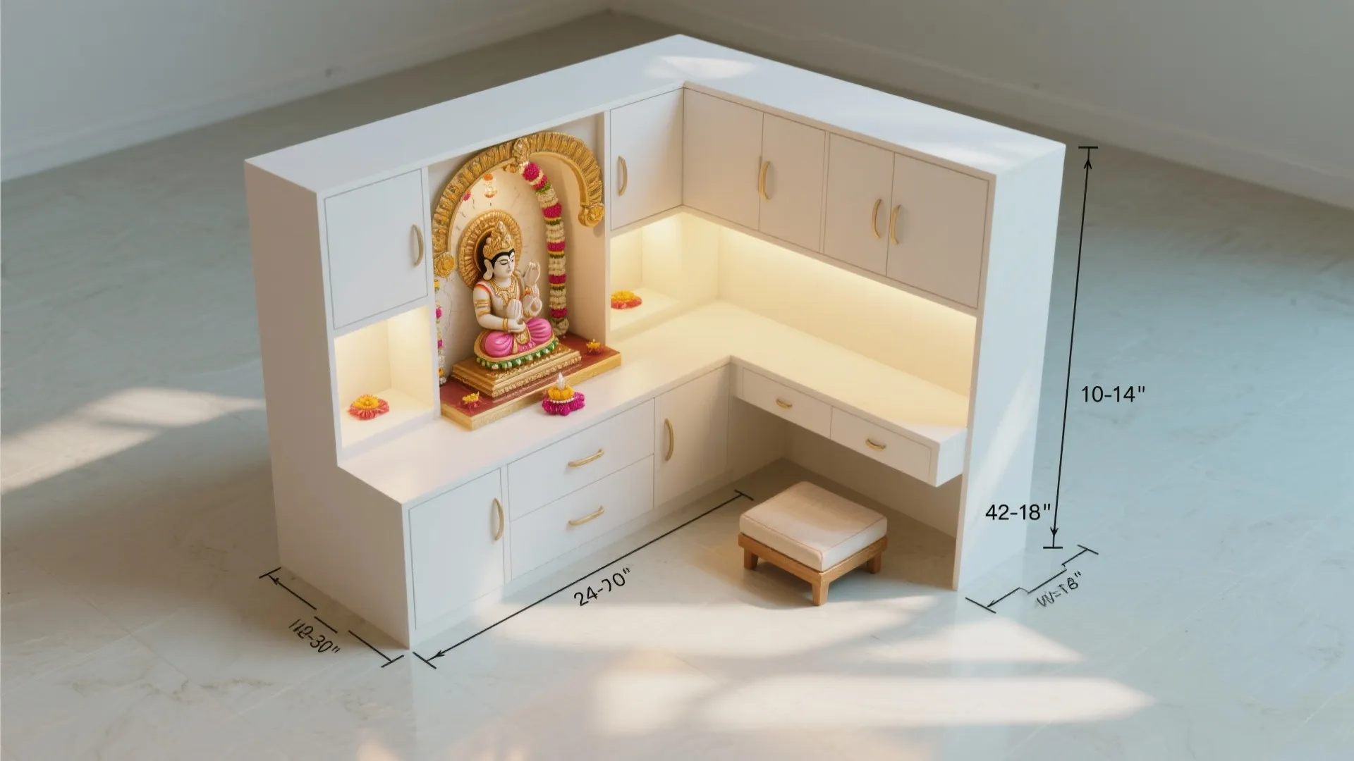 Top-down view of an L-shaped corner mandir with ergonomic clearances marked.