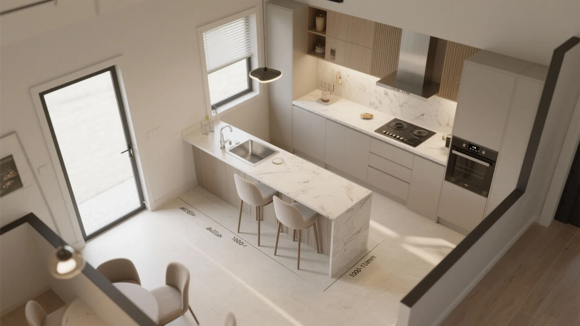 Top-down layout of an L-shaped hall kitchen with clear aisle and compact work triangle.