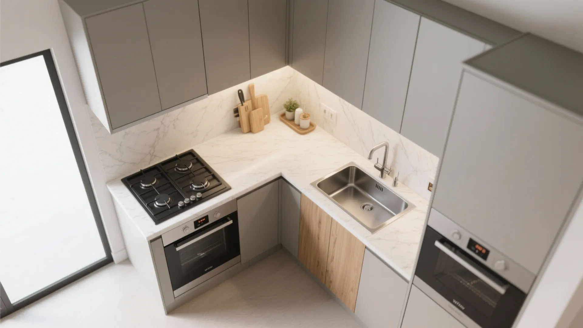 L-shaped flow that reads like a corner desk