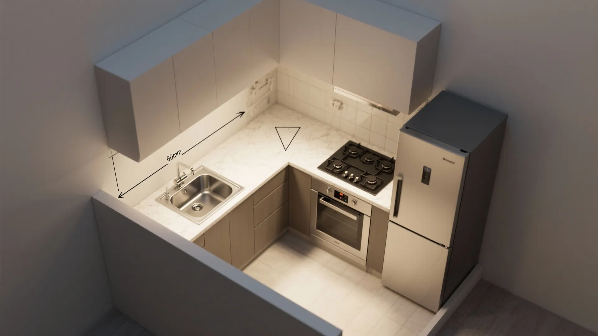 Interior design drawing showing top view of L-shaped kitchen with sink stove and tall refrigerator