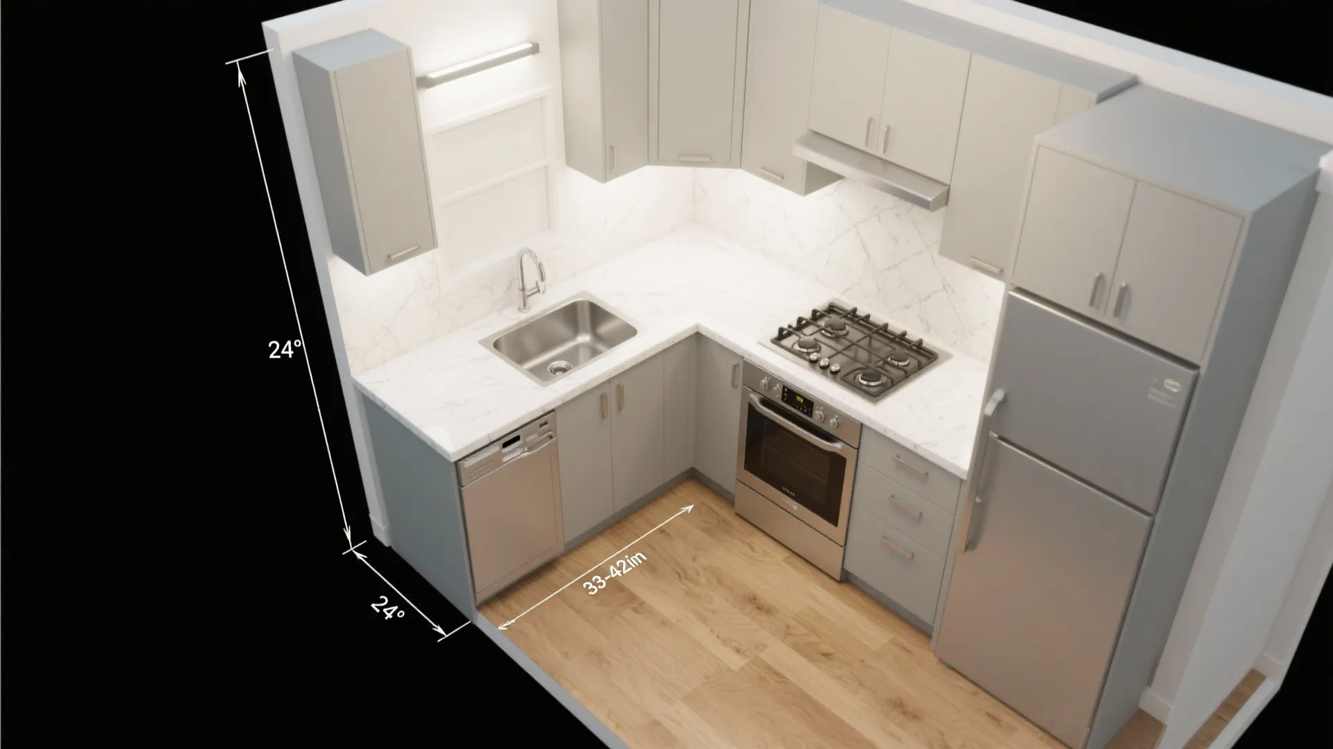 Top view interior design drawing of L-shaped kitchen layout with cabinets sink stove and fridge