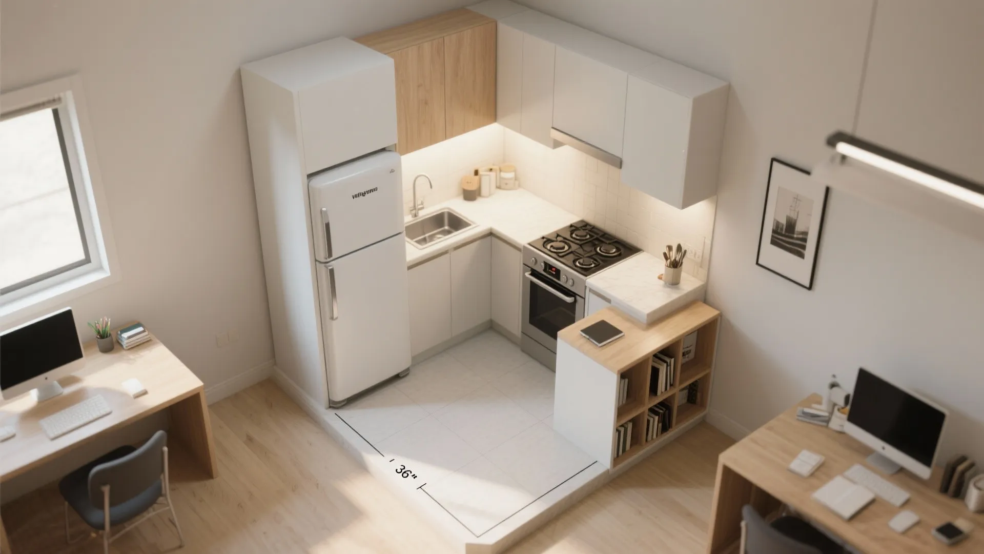 Top view of small studio apartment showing kitchen corner and two wooden desks with computers