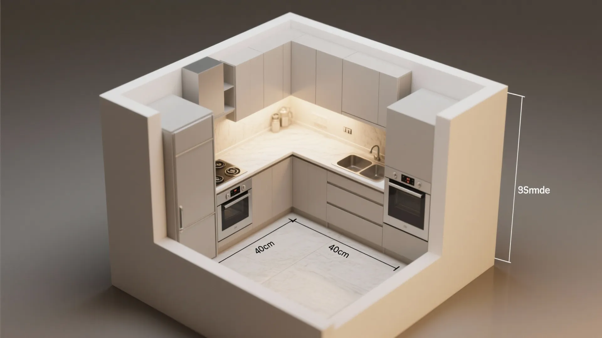 Interior design drawing of small kitchen showing room layout with cabinets stove sink and refrigerator