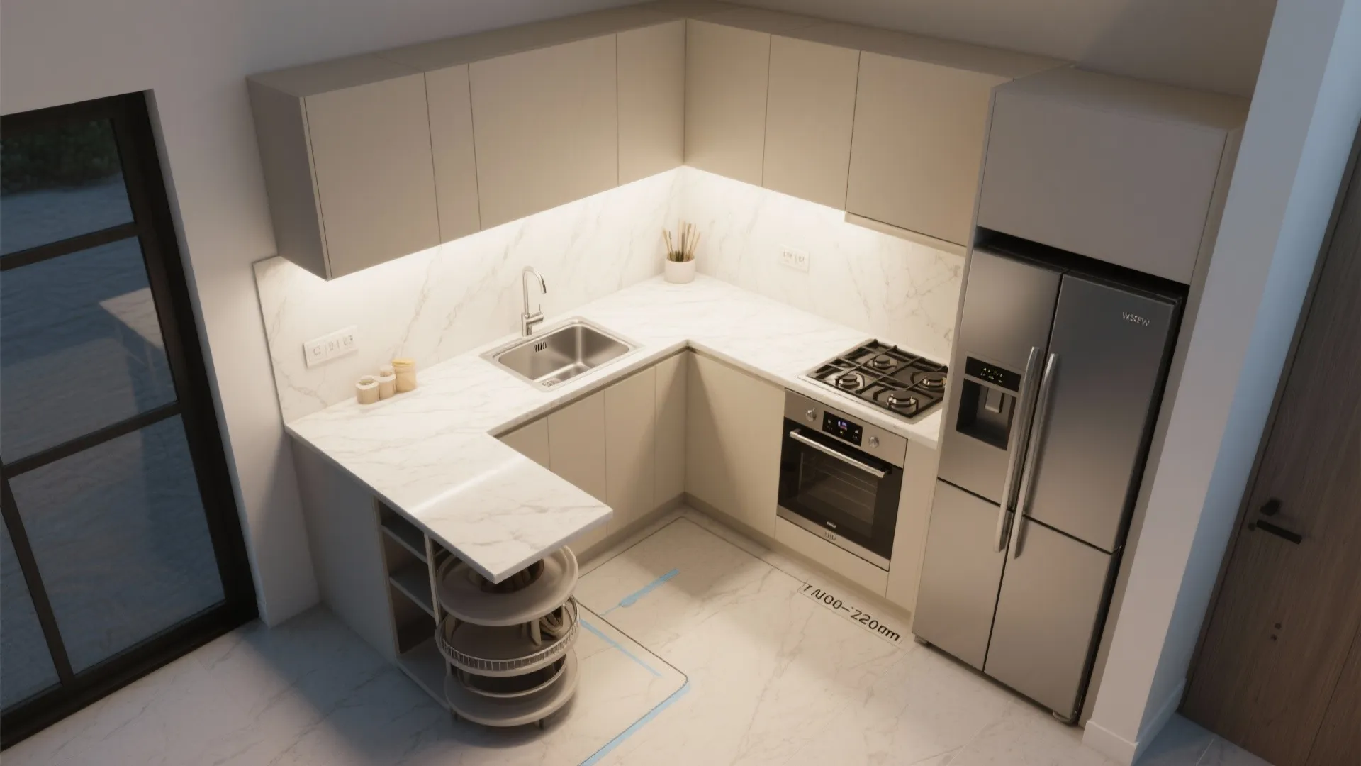 Top view interior design drawing of L-shaped kitchen with large fridge stove sink and lights