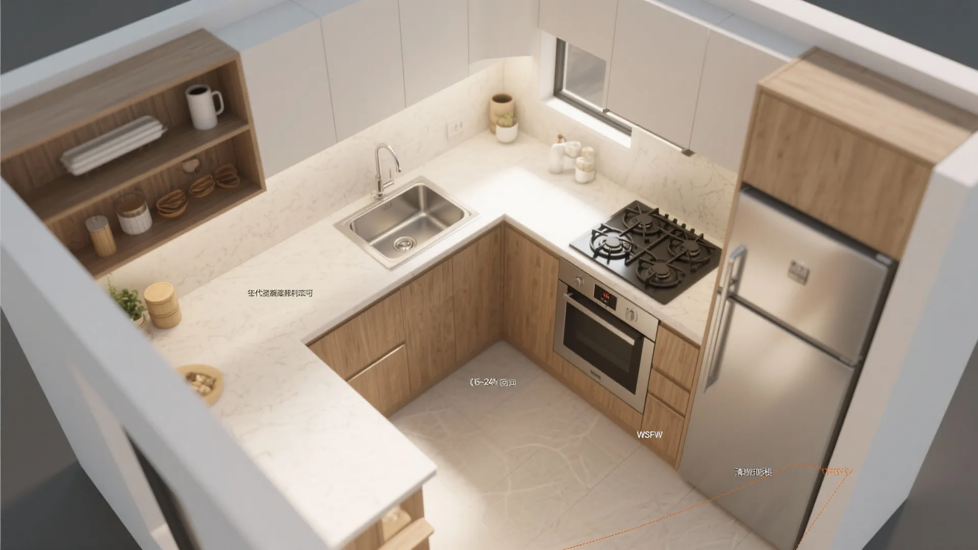 Top-down interior design drawing of an L-shaped kitchen featuring wood cabinets fridge and white countertops