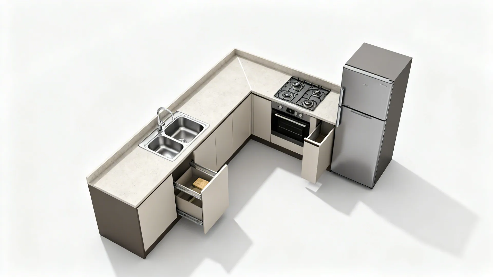 Top-down view of an L-shaped compact kitchen showing zones and aisle clearances.