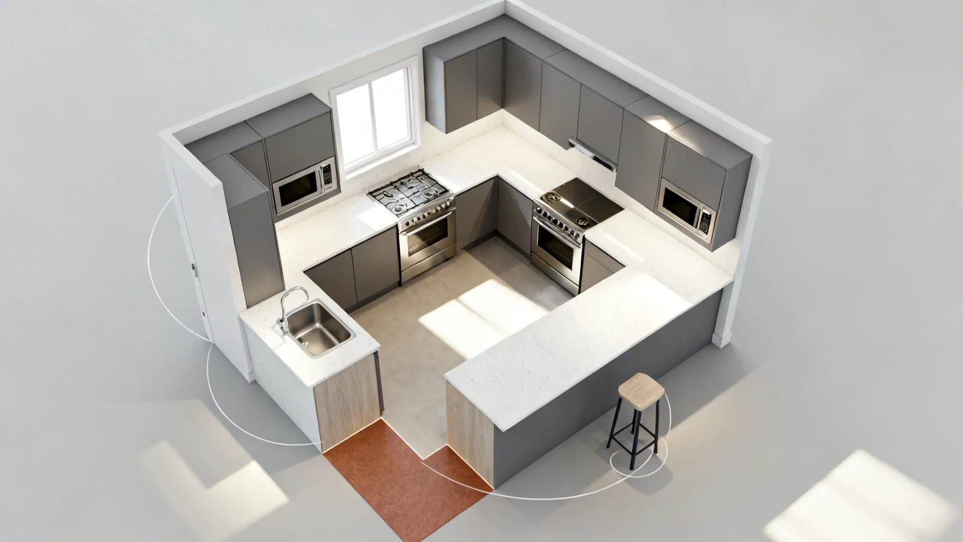 Top-down view of an L-shaped compact kitchen with clear work zones and circulation.